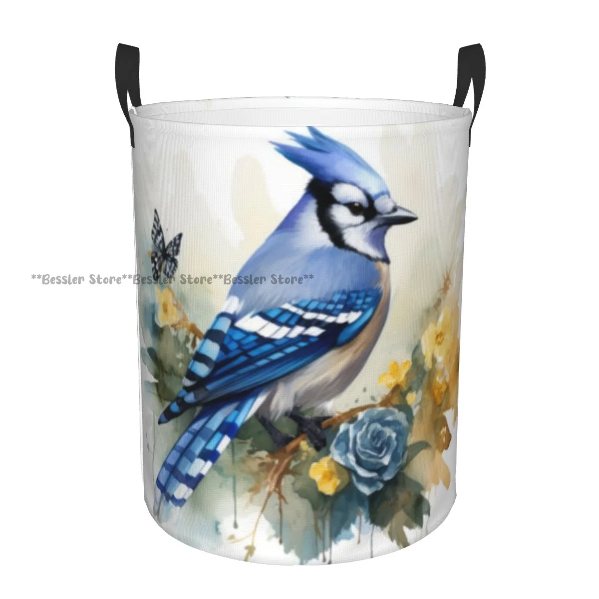 Голубой Джей Perches возле потрясающих цветов стильная корзина для белья с рисунком