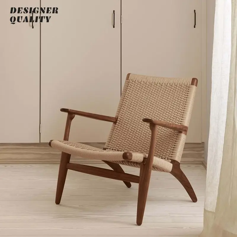 

Designer Woven Rattan Chair Single Sofa Nordic Living Room Casual Solid Wood Japanese Style Backrest Armchair Balcony Furniture
