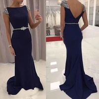 2022 mother of the bride dresses satin wedding party gowns cap sleeve women evening dress navy blue floor length with beads
