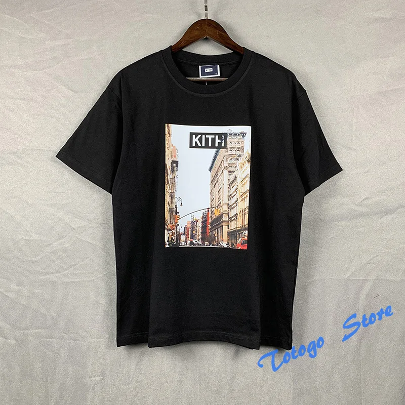 

2022SS Fashion Loose Spring Summer Kith Tee Men Women Cotton Black White Apricot Tops New York Street View Print Kith T Shirt