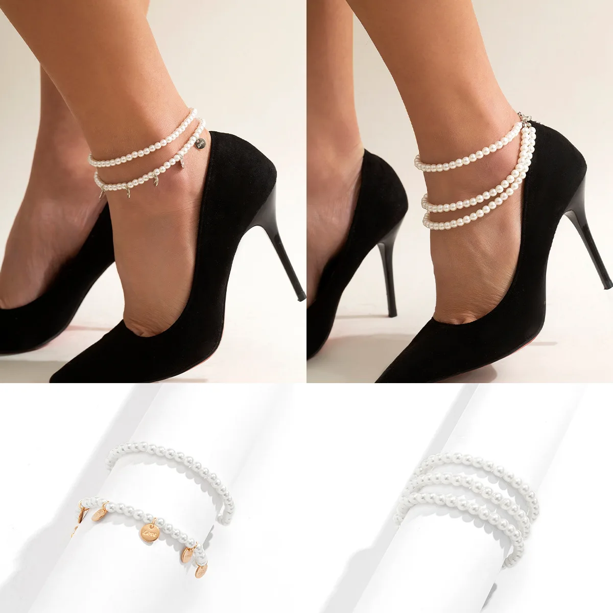 

Vintage Round Brand LOVE Engraved Pendant Anklet Women's 2022 Multilayer Imitation Pearl Beaded Anklets Girls Fashion Jewelry