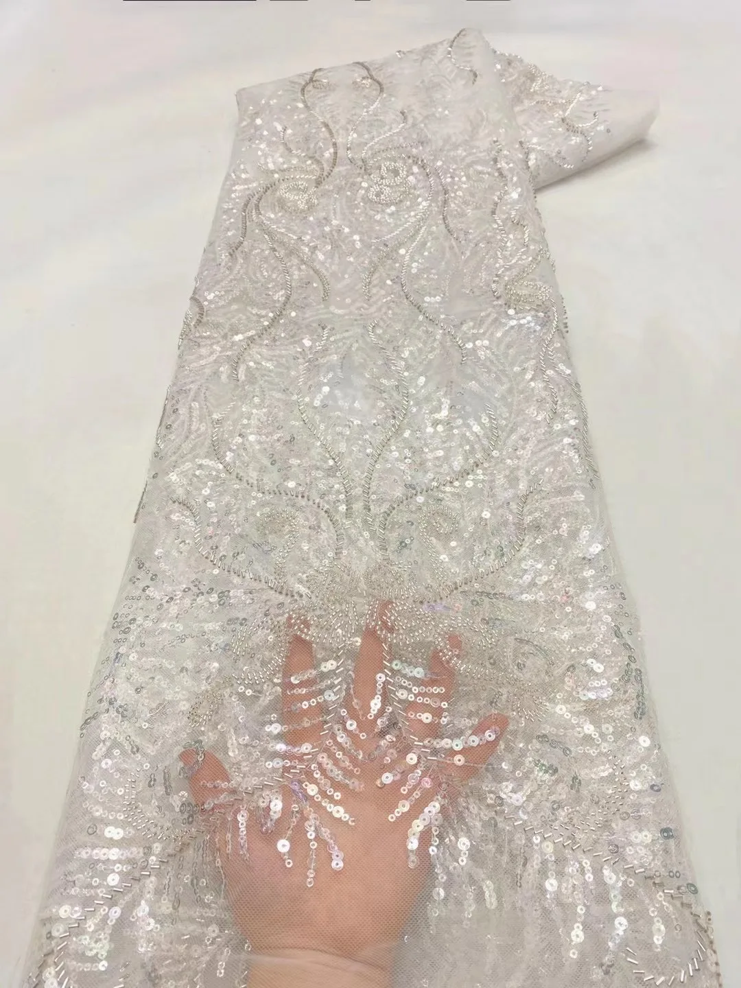 

Новая роскошная белая Тяжелая вышивка бисером, сетчатая кружевная ткань для свадебного платья, блестящая кружевная ткань, ткань для свадеб...