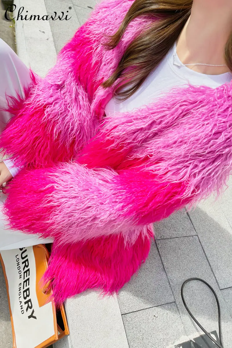 Rose Red Stitching Pink Fur Coat Autumn Winter New Fashion Plush Loose Contrast Color Tan Wool Jacket Elegant Coat Women