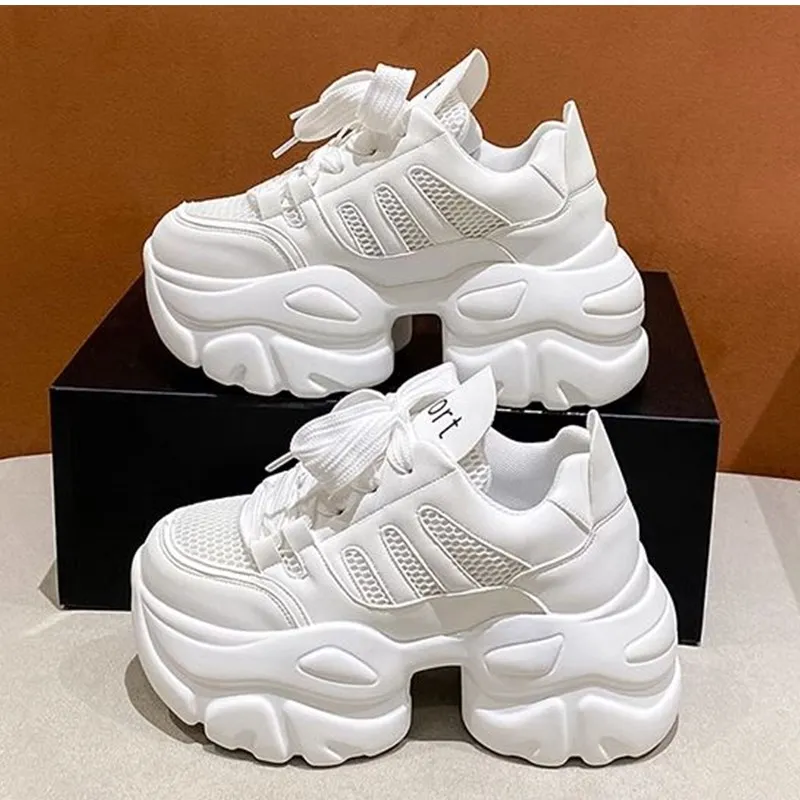 

Woman Heels Thick Sole Casual Vulcanized Shoes High Platform Leather Sneakers Women Autumn Breathable Mesh Chunky Sneakers B3-42