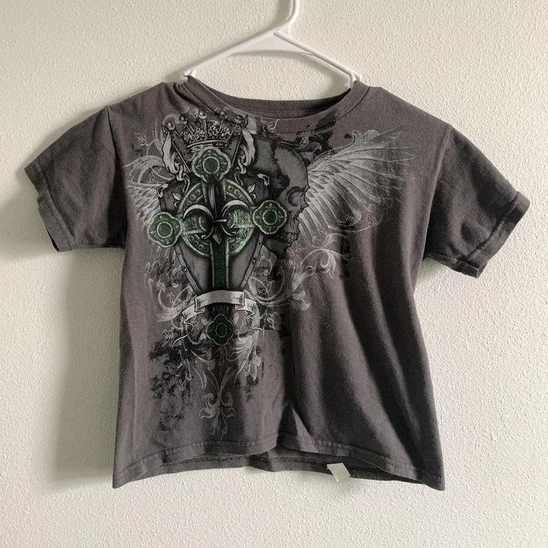 Детские футболки Mall Goth Y2K с принтом черепа и перекрестной графикой облегающая