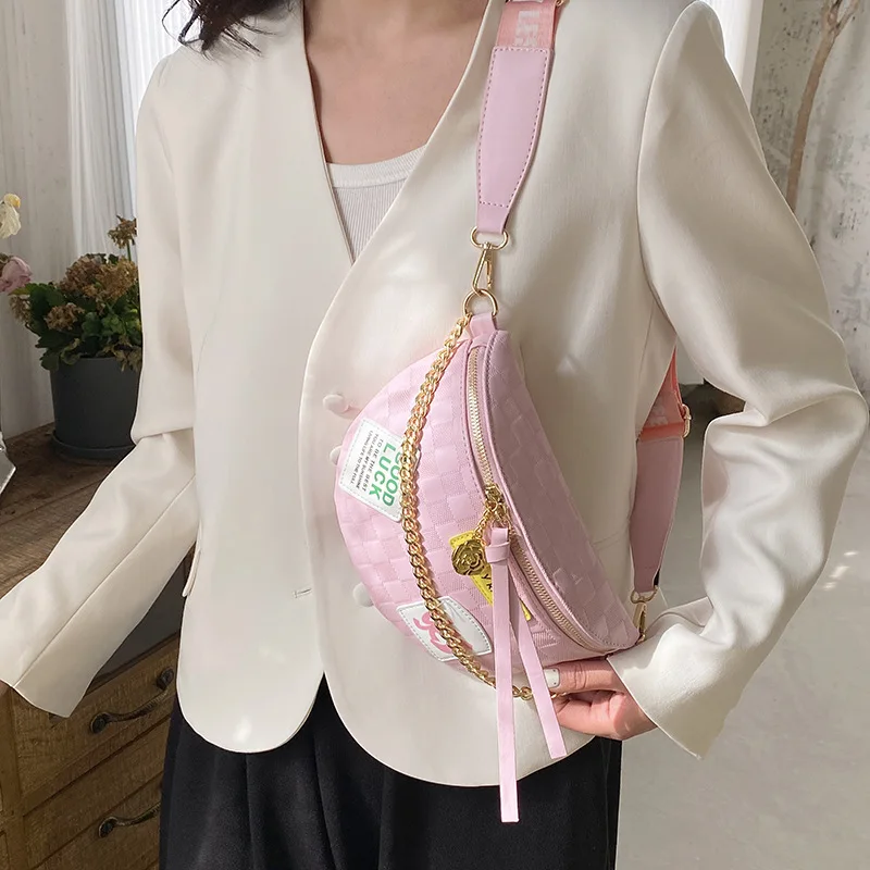 Fashion Chest Bag Wide Shoulder Strap Single Shoulder Messenger Bag Textured Chain Handbag Personality Applique Portable Satchel