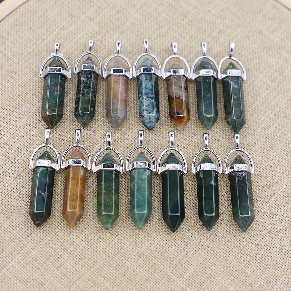 Featured Natural Gem Stone Indian Agate Pillar Point Pendants Charms Hexagonal Pendulum Reiki Charm DIY Jewelry Making Necklaces