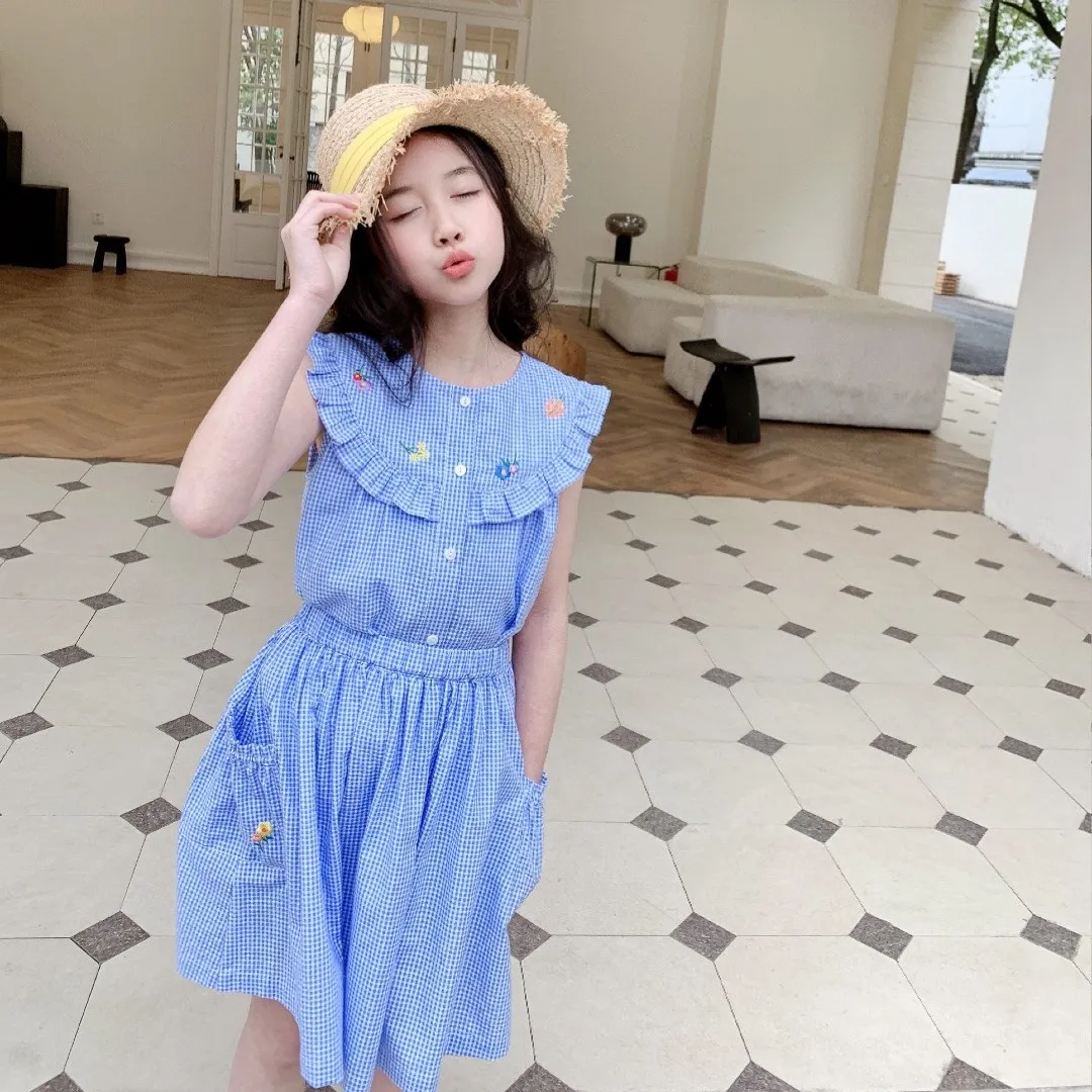 

Детский летний комплект, одежда для малышей из 2 предметов, синий клетчатый Топ без рукавов и юбка, высококачественный милый комплект одежды...