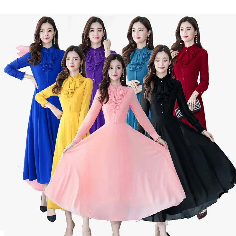 

Chiffon Women's Dress Party Girl's Dresses Long Sleeve Clothing Summer Loose Fashion A-LINE Lady Mid-Calf Houthion