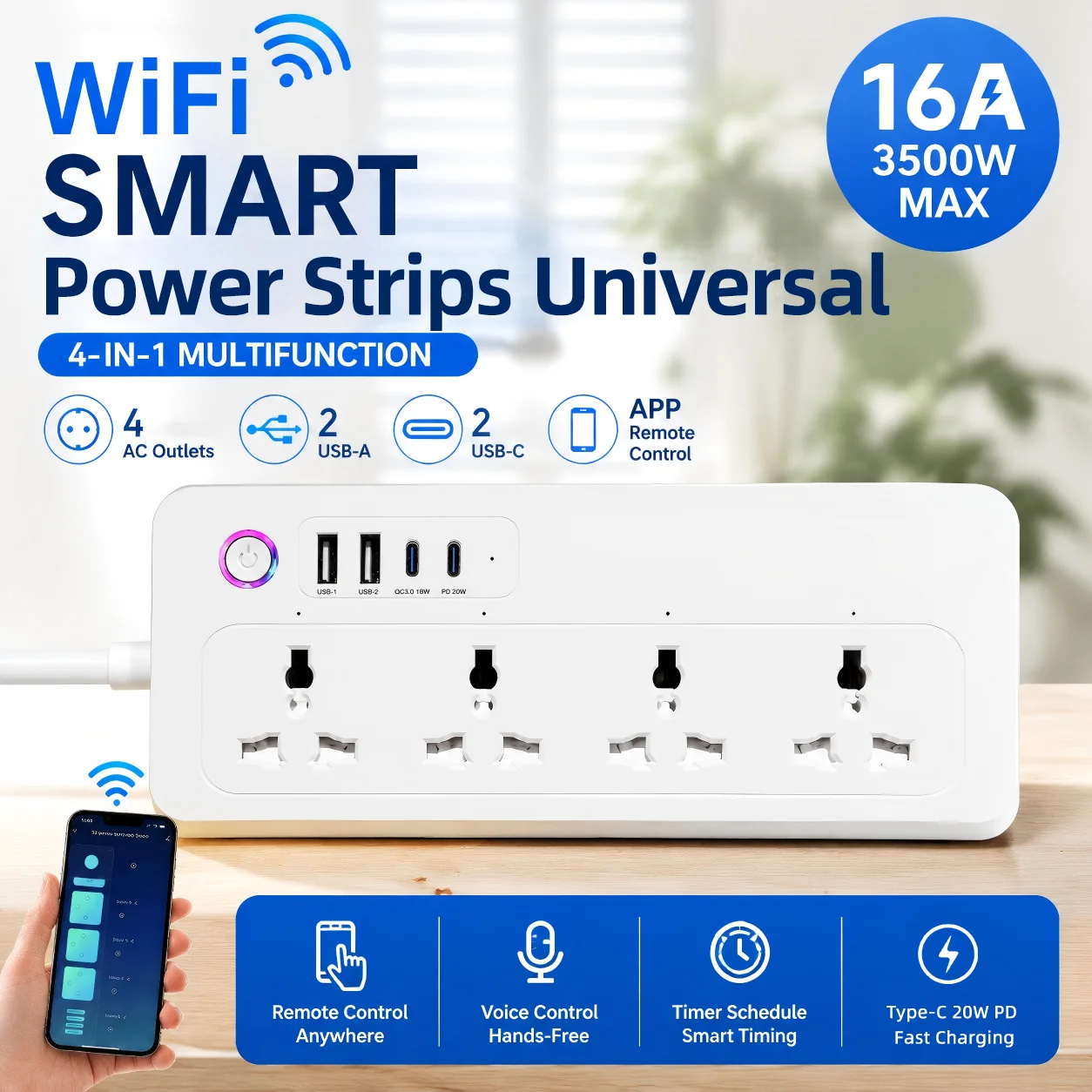Фото Универсальный сетевой адаптер Tuya WiFi 20W с голосовым управлением, таймером и USB-портами, совместимый с Smart Life (UK/EU/US) №1