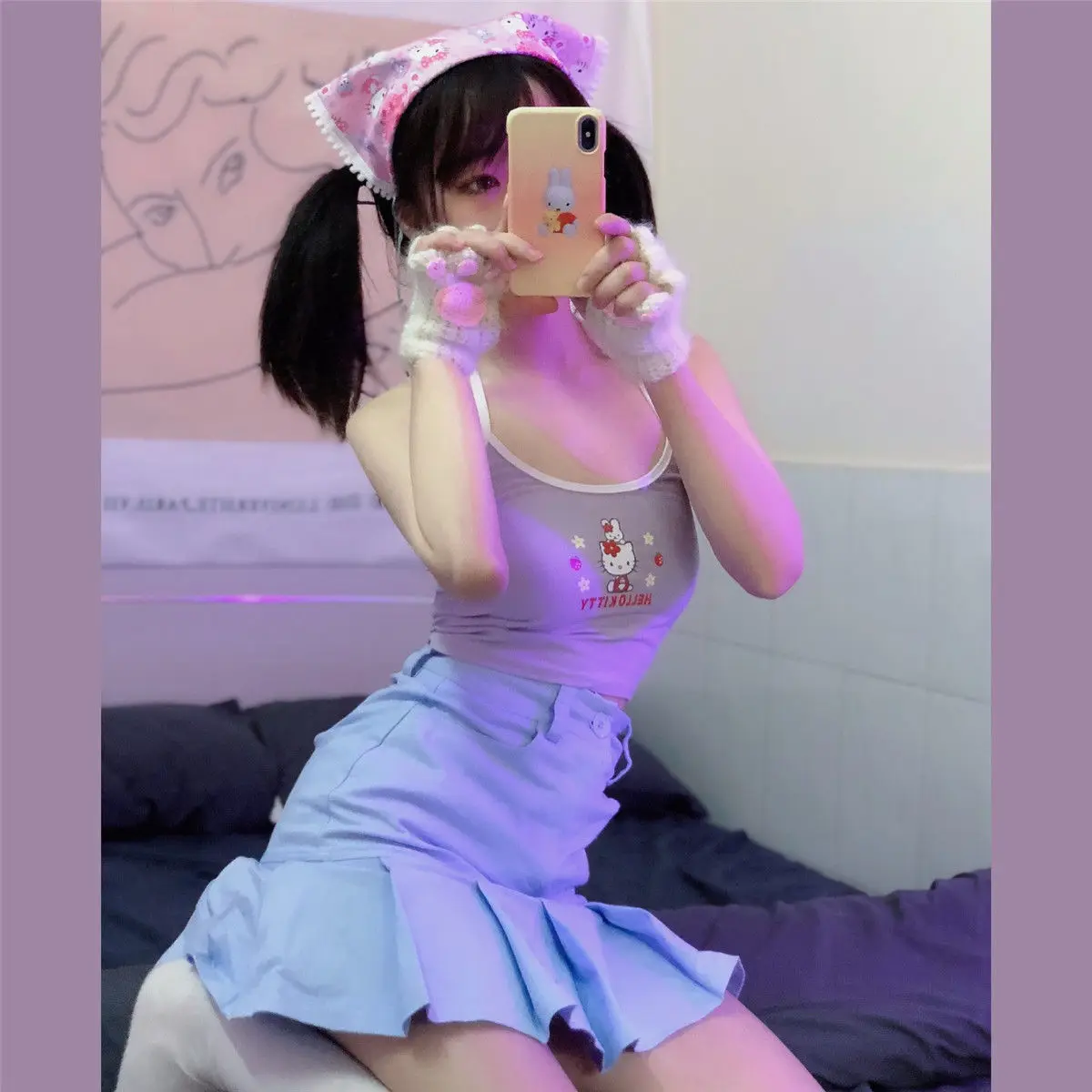 

Hello Kitty Japanese Cute Ladies Underwear Cartoon Print Soft Girl Style Short Slim Vest Sling Students Take A Short Base