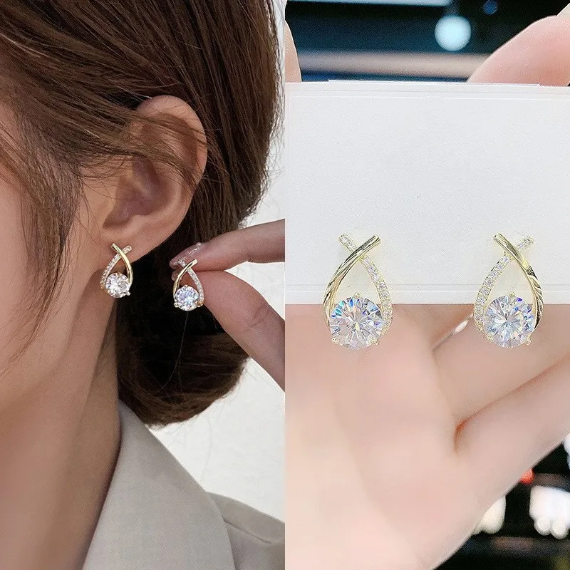 

New fashion temperament everything geometric cross zircon earrings fishtail inset diamond light luxury multi stud female accesso