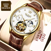 olevs brand men automatic mechanical watch skeleton waterproof luxury mechanical wrist watch fashion leather strap mens watch