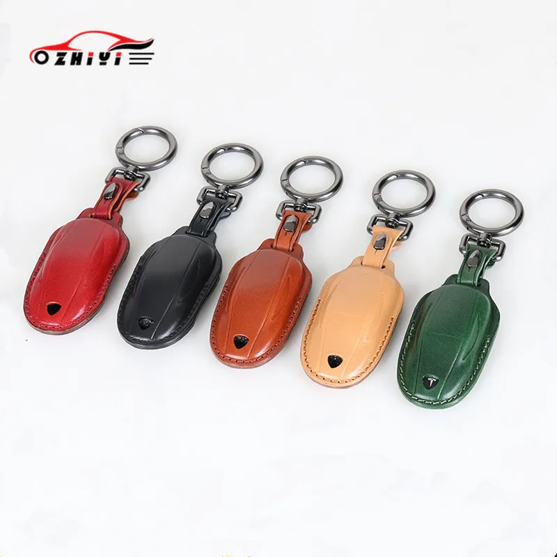 

Top Layer Leather Car Key Case Full Cover Key Shell Keychain Accessories for Tesla Model 3 Model X Remote Control Key Fob Cover