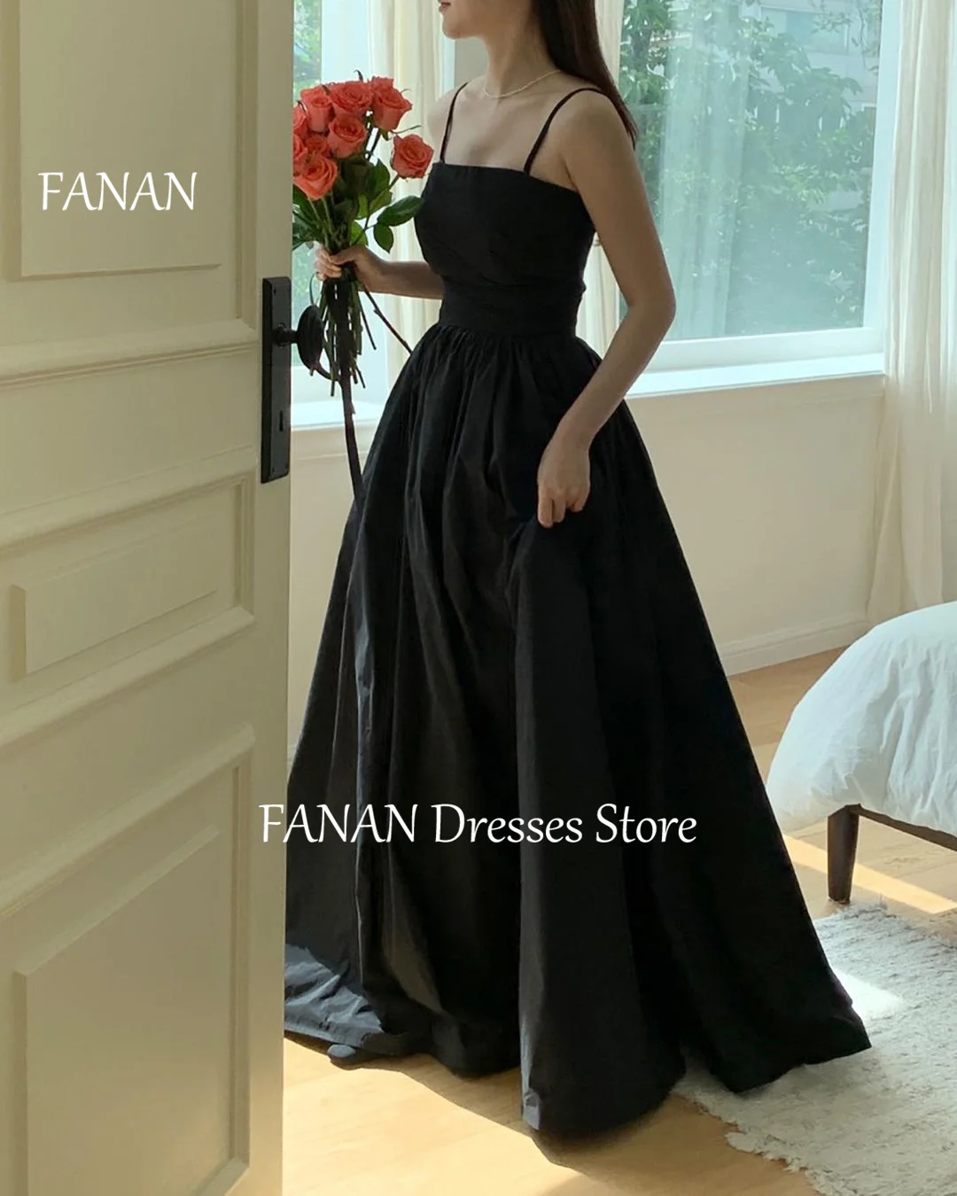 Фото Женское вечернее платье FANAN, ТРАПЕЦИЕВИДНОЕ ПЛАТЬЕ с открытыми плечами, элегантное платье из тафты черного цвета в Корейском стиле для выпускного вечера №3