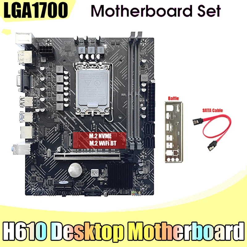 

H610 Motherboard+SATA Cable+Baffle LGA1700 DDR4 Gigabit LAN Support 2X32GB For G6900 G7400 I3 12100 I5 12500 12Th CPU