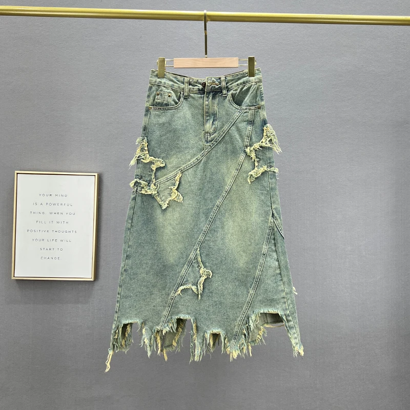 

Mid-Length Denim Skirt for Women Trendy 2023 New Spring Summer Slim Holes Frayed A- Line Vintage Washed Jean Skirt Cowboy Skirts