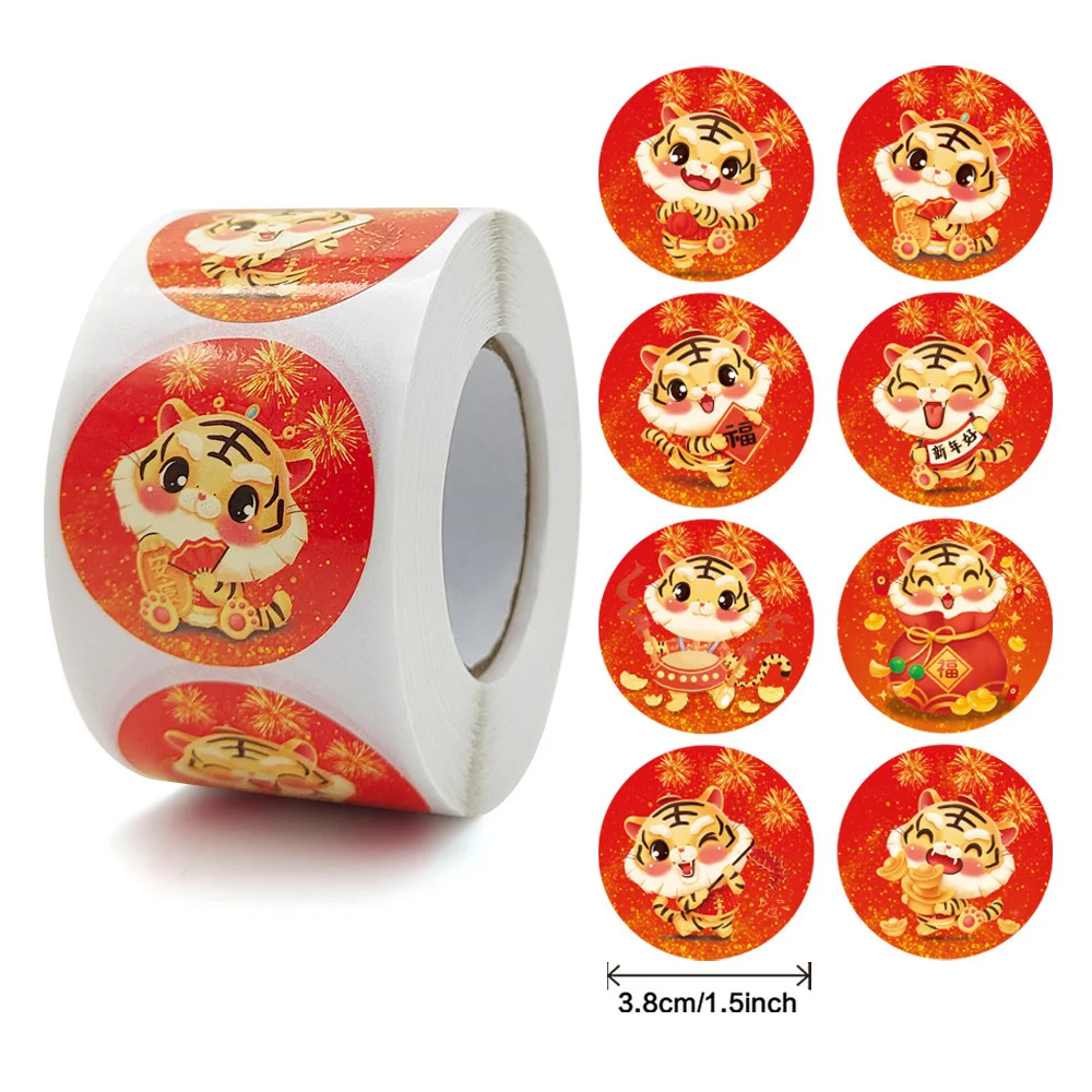 

500 Pcs/roll Cartoon Chinese New Year Festival Red Tiger Stickers for Kid Gift Box Seal Label Stationery Set