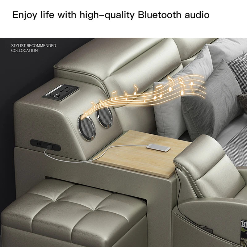 Leather Multifunctional Massage Bed Frame Modern Camas Smart Bed With Storage  Led Light Bluetooth Speaker Bedroom Furniture