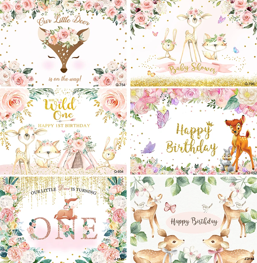 

Bambi Deer Girl 1st First Birthday Backdrop Pink Floral Gold Confetti Isn't She One-Deer-ful Banner Sweet One Princess Party