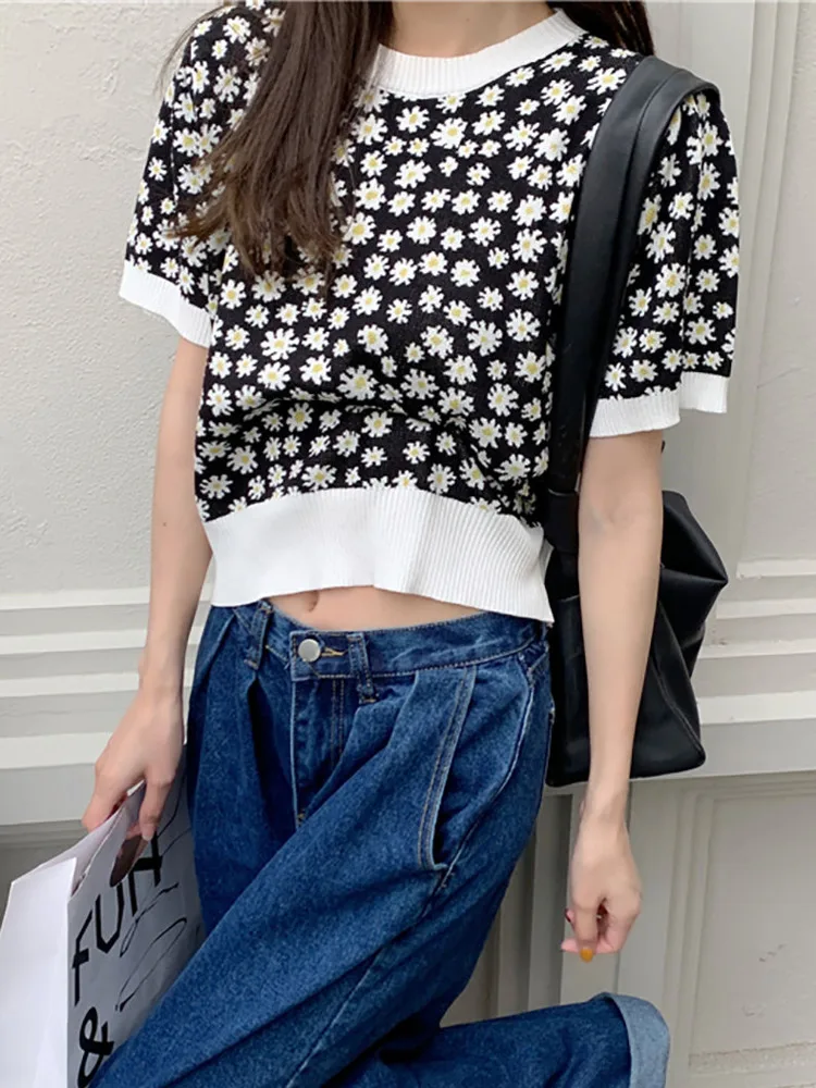 

Summer New Women Knitting Sweater Flower Jacquard Round Neck Short Sleeve Knitwear Vintage Casual Slim Pullover Jumpers