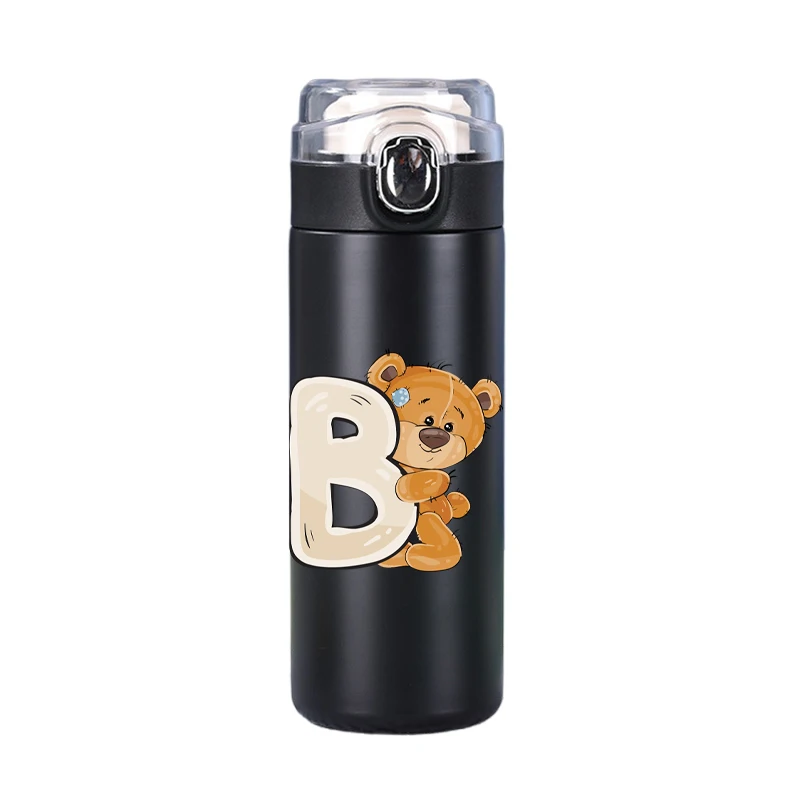 400ml Lovely Letter Printed Thermos Cup Pocket Stainless Steel Thermal Coffee Vacuum Flask Insulated Water Bottle black