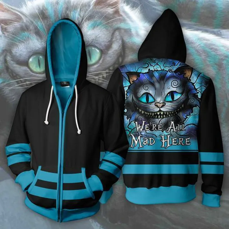 Alice In Wonderland Cheshire Cat Cosplay Costume Men Woman 3D Movie Hoodies Sweatshirt Jacket Coat Hooded Top New