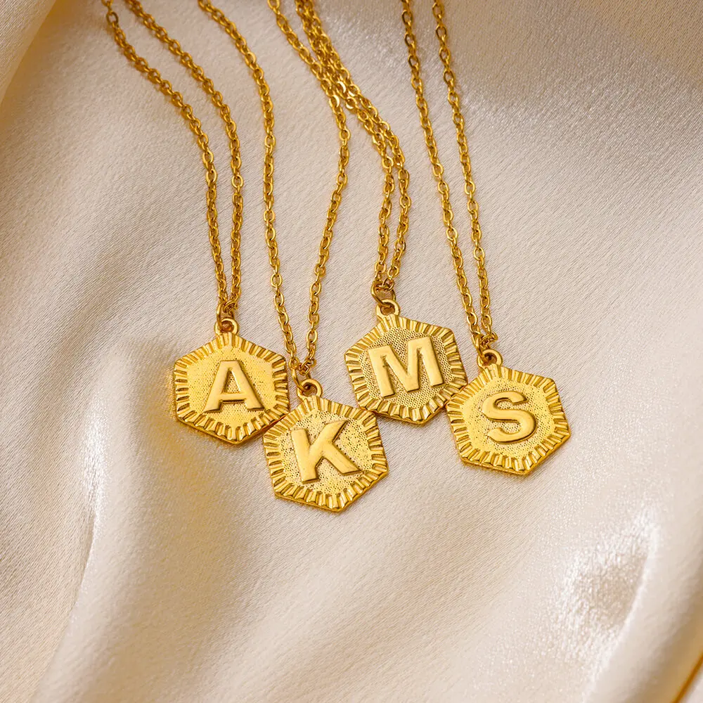 

Stainless Steel Initial Necklace For Women Hexagonal Pendent A-Z Letter Choker Necklace Gold Plated Free Shipping Couple Jewerly