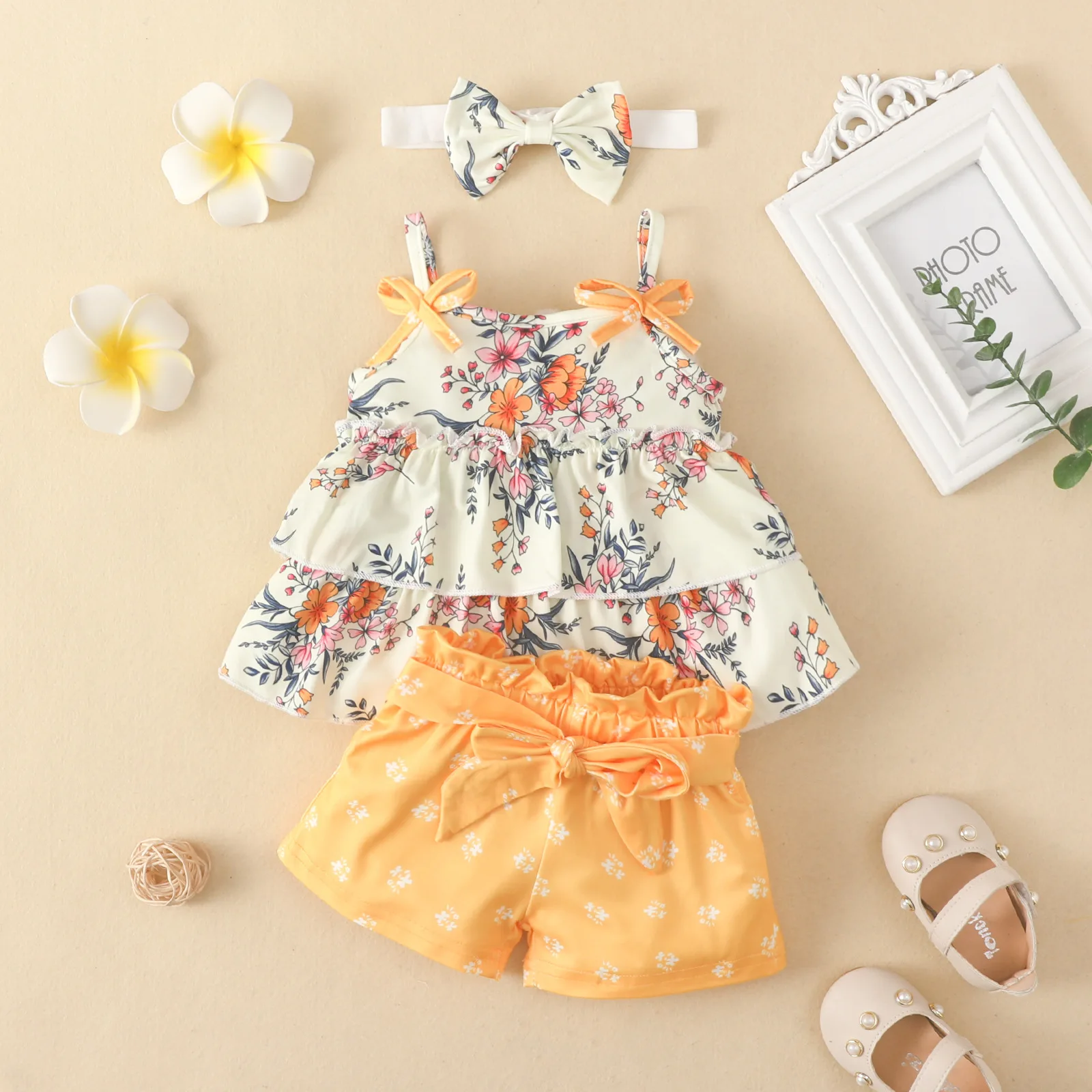 

Children Summer Clothes Baby Girl Clothing Sets Toddler Floral Suspender Headband + Top + Print Shorts 3pcs Set Infant Outfits
