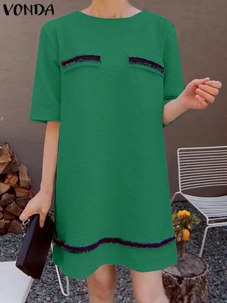 

Элегантное женское мини-платье VONDA, летнее женское платье с коротким рукавом в стиле OL, модель 2023 года, модное повседневное свободное женское платье составного кроя с круглым вырезом