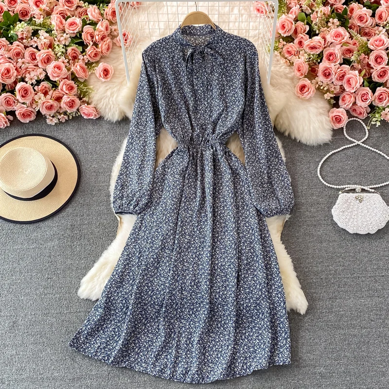 Женское винтажное платье с длинным рукавом розовое цветочным принтом в стиле