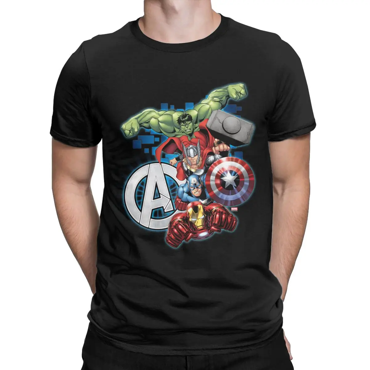 Marvel Avengers High Tech Stacked Group & Logo T-Shirt for Men Humor Pure Cotton Tees Short Sleeve T Shirt Party Clothes