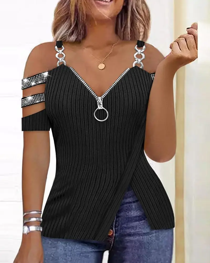 

Women's Spring/Summer Short Sleeve T-shirt Top Water Diamond Decoration Zipper Details Split Bottom Cold Shoulder Top