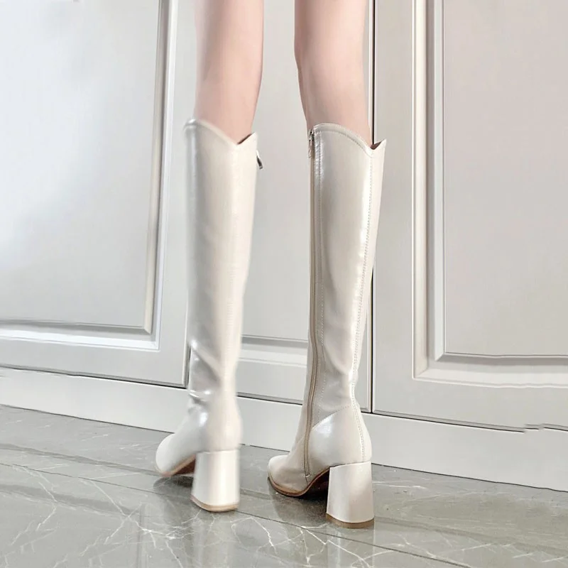 2023 New Autumn Winter Boots Women Pointed Toe Long Boots Back Zippers Square High Heel Ladies Western Cowboy Knee High Botties