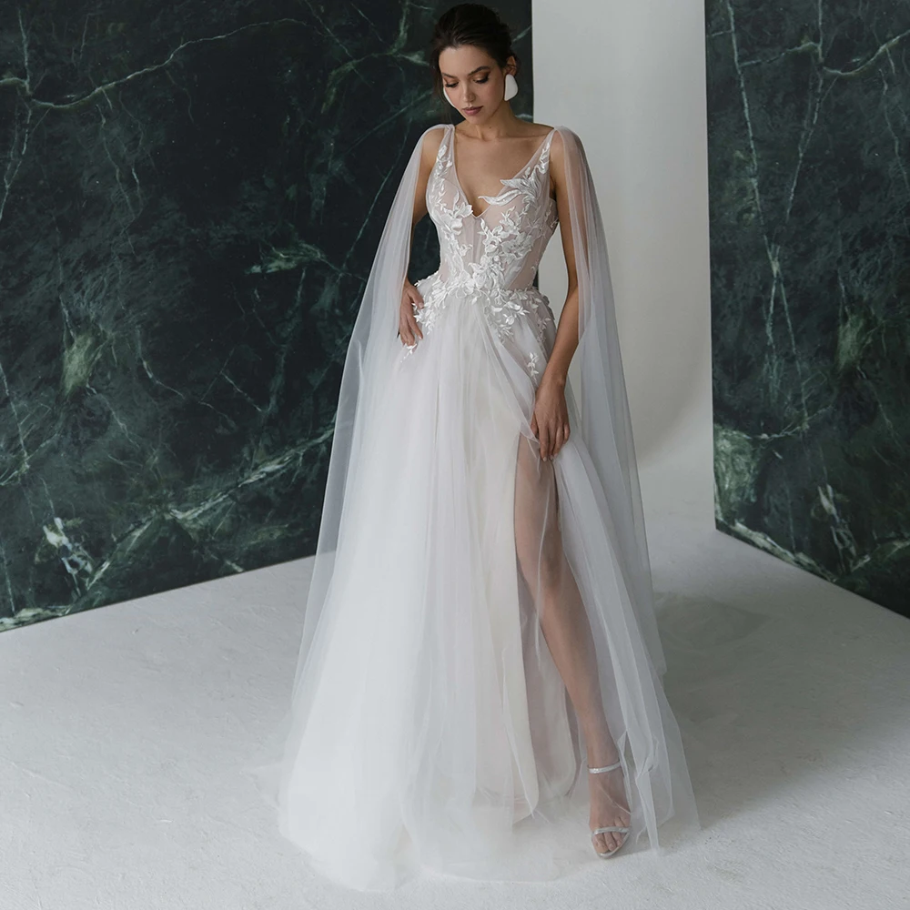 

Weilinsha Classic A-Line Side Slit Wedding Dress with Ribbons Sleeveless V-Neck Appliques Tulle Bridal Gowns with Button Back