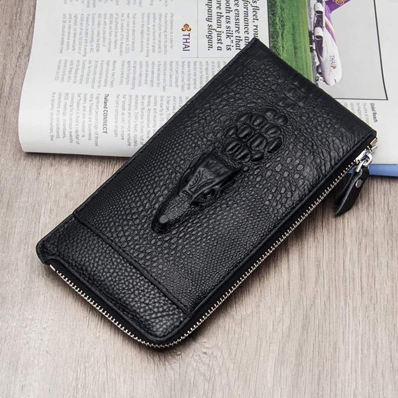 

New Genuine Cow Leather Men Alligator Slim Soft Long Zipper Wallet Male Coin Purse Money Pocket Pochette Clutch Bag Card Holder