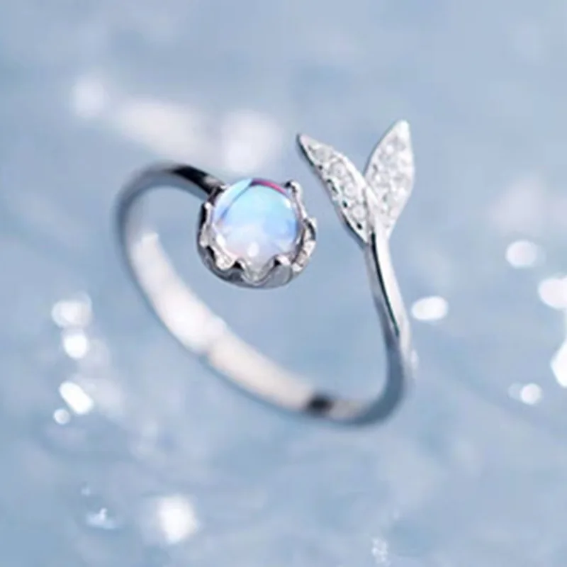 

Silver Plated Glazed Fish Tail Moonstone Statement Adjustable Rings For Women Luxury High Jewelry Women's Party Accessories