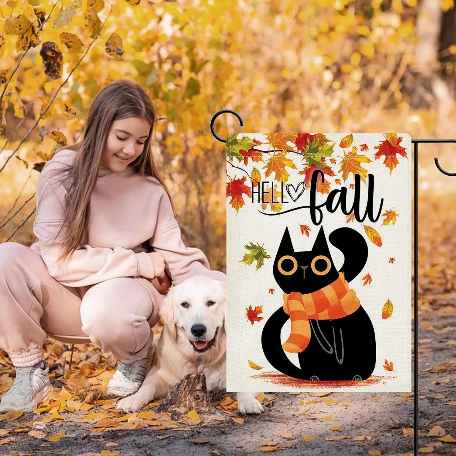 Фото Декоративный садовый флаг Dyrenson Hello Fall с изображением черной кошки, осенние кленовые листья, украшение для двора и дома, подарок для владельца питомца, UUN №2