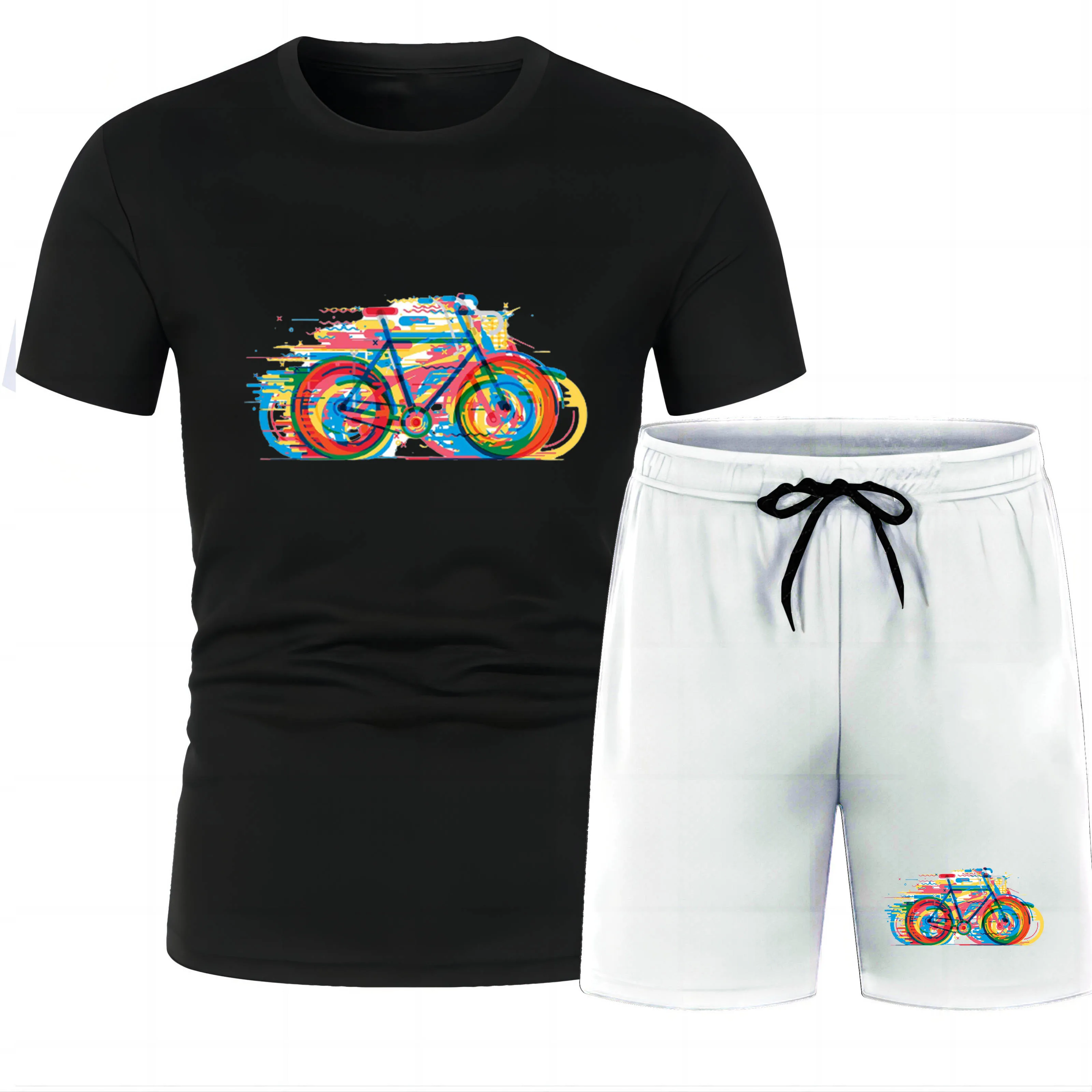 Four Seasons Fashion Outdoor Sports Casual 2d Printed Cycling Men'S Crewneck Short Sleeve Beach Pants T-Shirt Set Loose