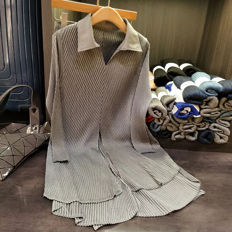 

Miyake Pleated Temperament Commuter Dragon Scale Suit Female Autumn Solid Lapel Shirt Casual Pants Two-piece Suit Plus Size