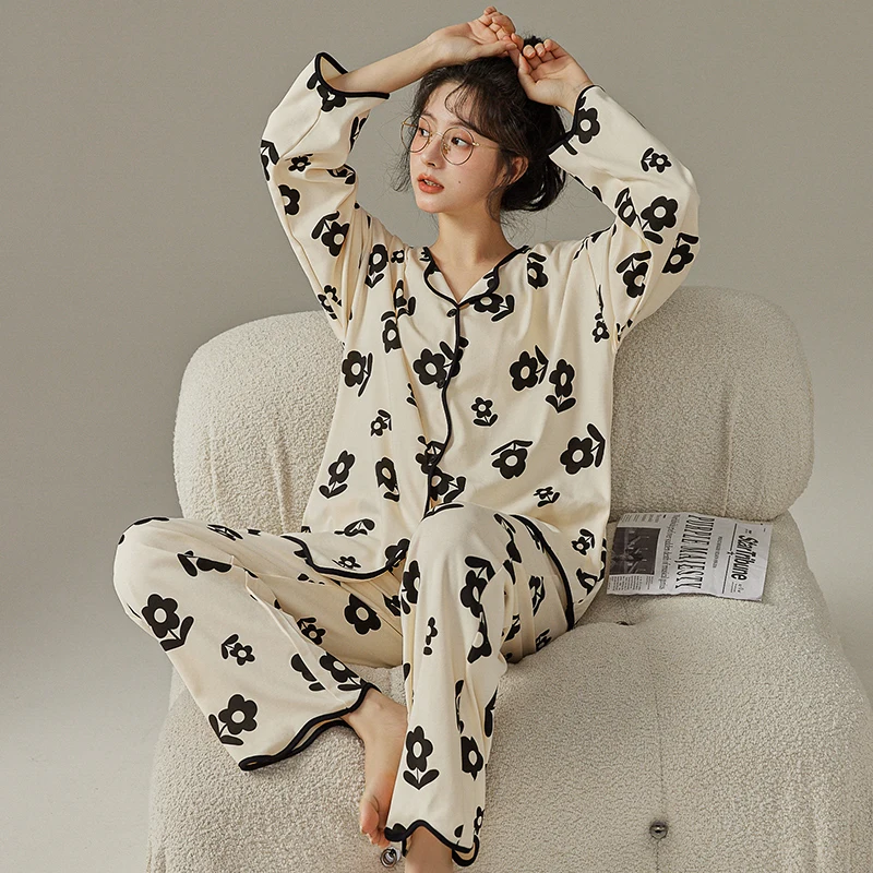 Spring Fall Fashion Faux Cotton Long Pajama Women Stylish Flower Sleepwear Sets Girl