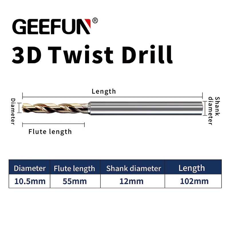 

GEEFUN D.i.A 10.5mm / Length 102mm Solid Milling Cutter No Hand Drill Carbide Tool Coated Solid Carbide Drill