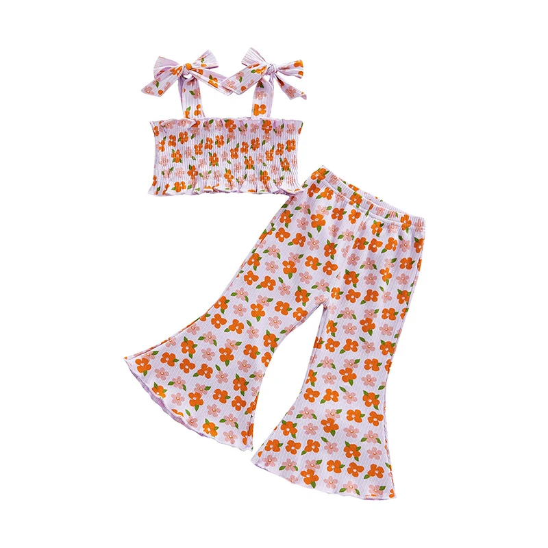 

Girls Pants Set Floral Print Pleated Double Sides Strap Sling Tops + High Waist Stretch Flared Trousers Set