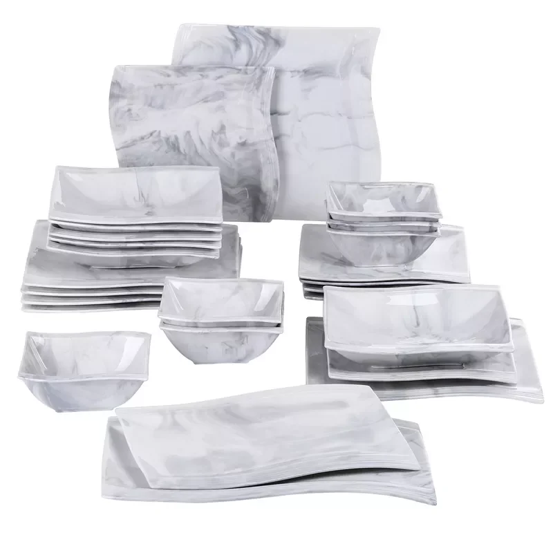 

FLORA 26-PIECE Nordic European Marble Gray Porcelain Tableware Set with Bowl,Dinner Plate,Dessert&Soup Plate Set for 6