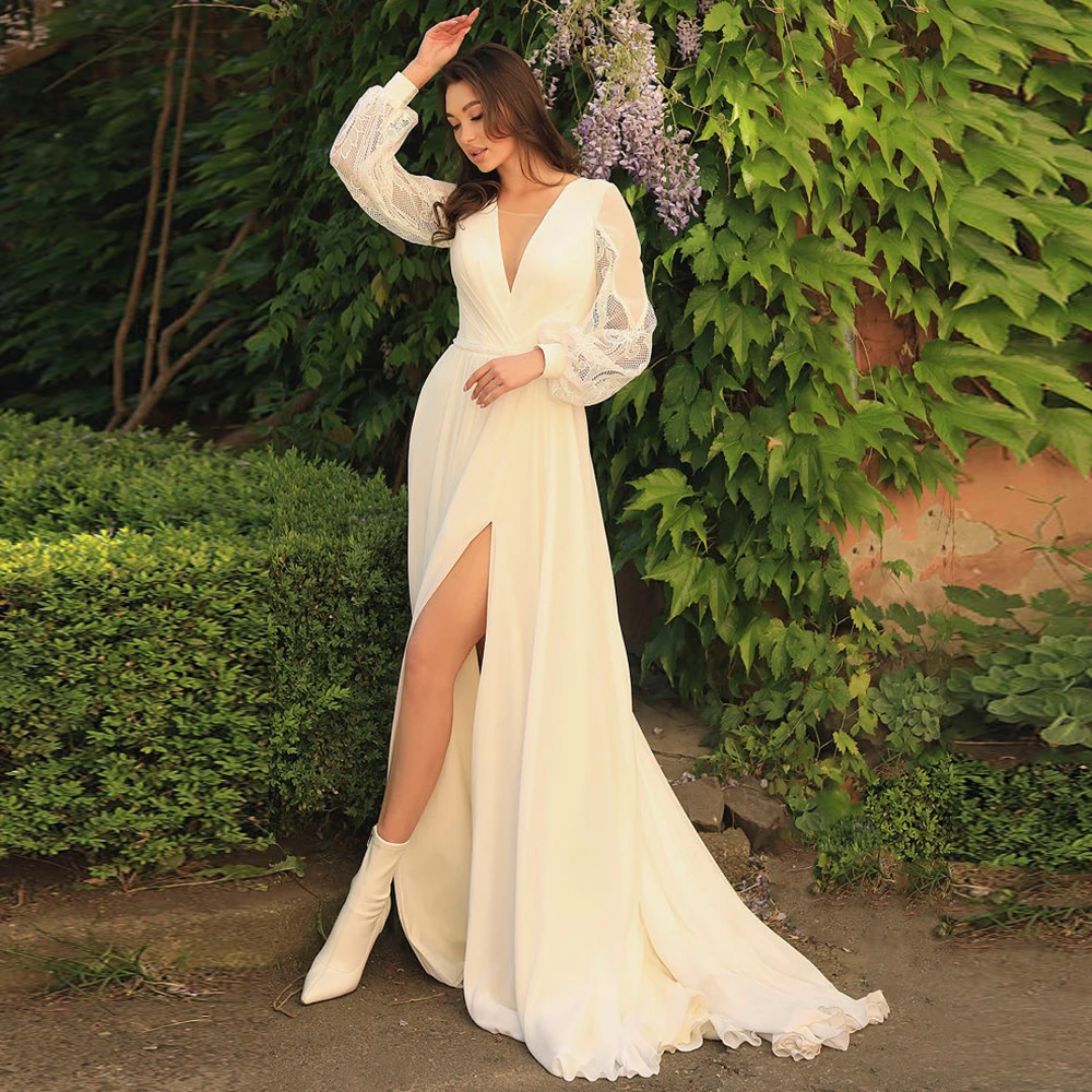 

Pastrol Bridal Gowns Chiffon Sweep Train V Neck Full Sleeve Hgih Side Split Wedding Dresses for Bride Lace Up Robe De Mariée