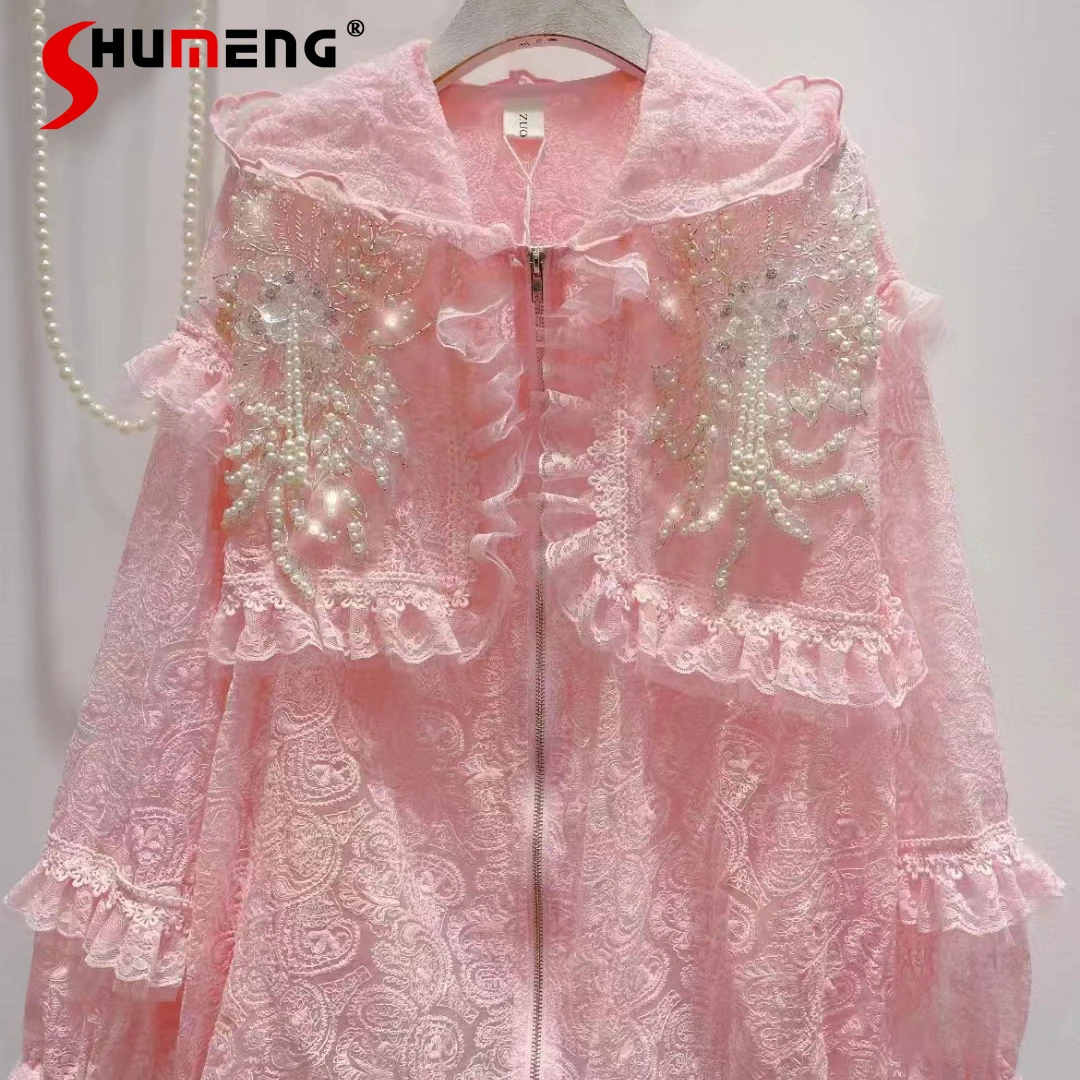 

Female 2022 Summer New Korean Style Sweet Beads Luxury Rhinestone Hooded Coat Women Fashion Fairy Loose Slimming Lace Zipper Top
