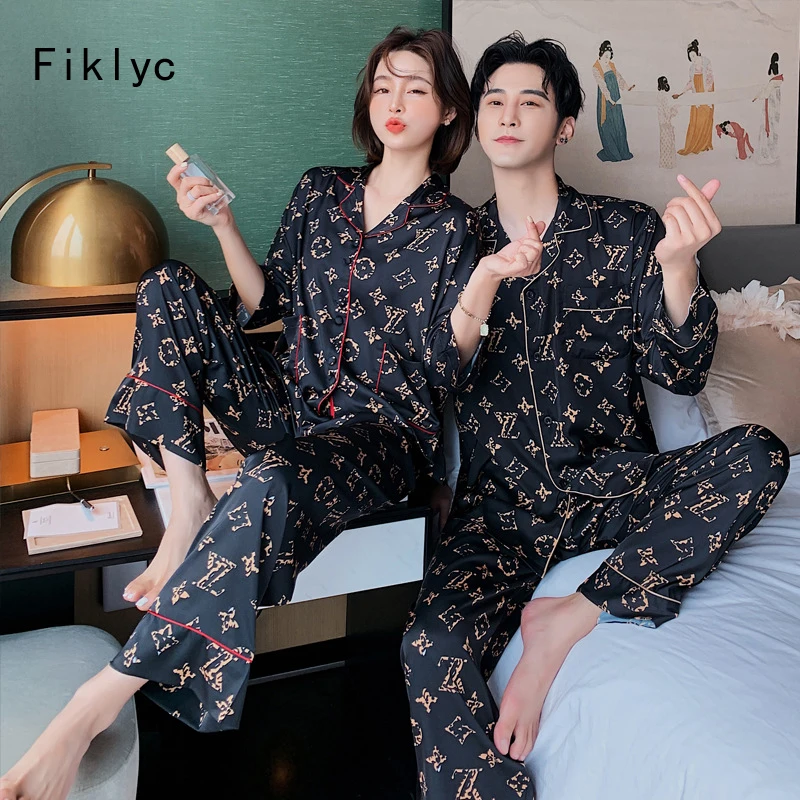 

Пижамный комплект Fiklyc с мультяшным принтом, перекрестными буквами, отложным воротником, весна-лето, Осень-зима, шелковые пижамные комплекты...