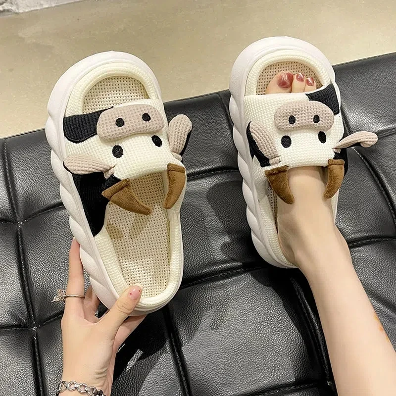 Women's Cozy Slippers with Cow Girls Platform Flat Indoor Shoes High Quality All Seasons Animal Linen Slippers 2023 Fashion
