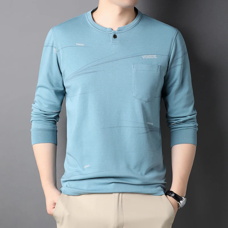 

High End Korean Classic Business Long Sleeve New Cotton Slim Fit O Neck Spring Autumn Printing Casual Pocket Men T-shirt