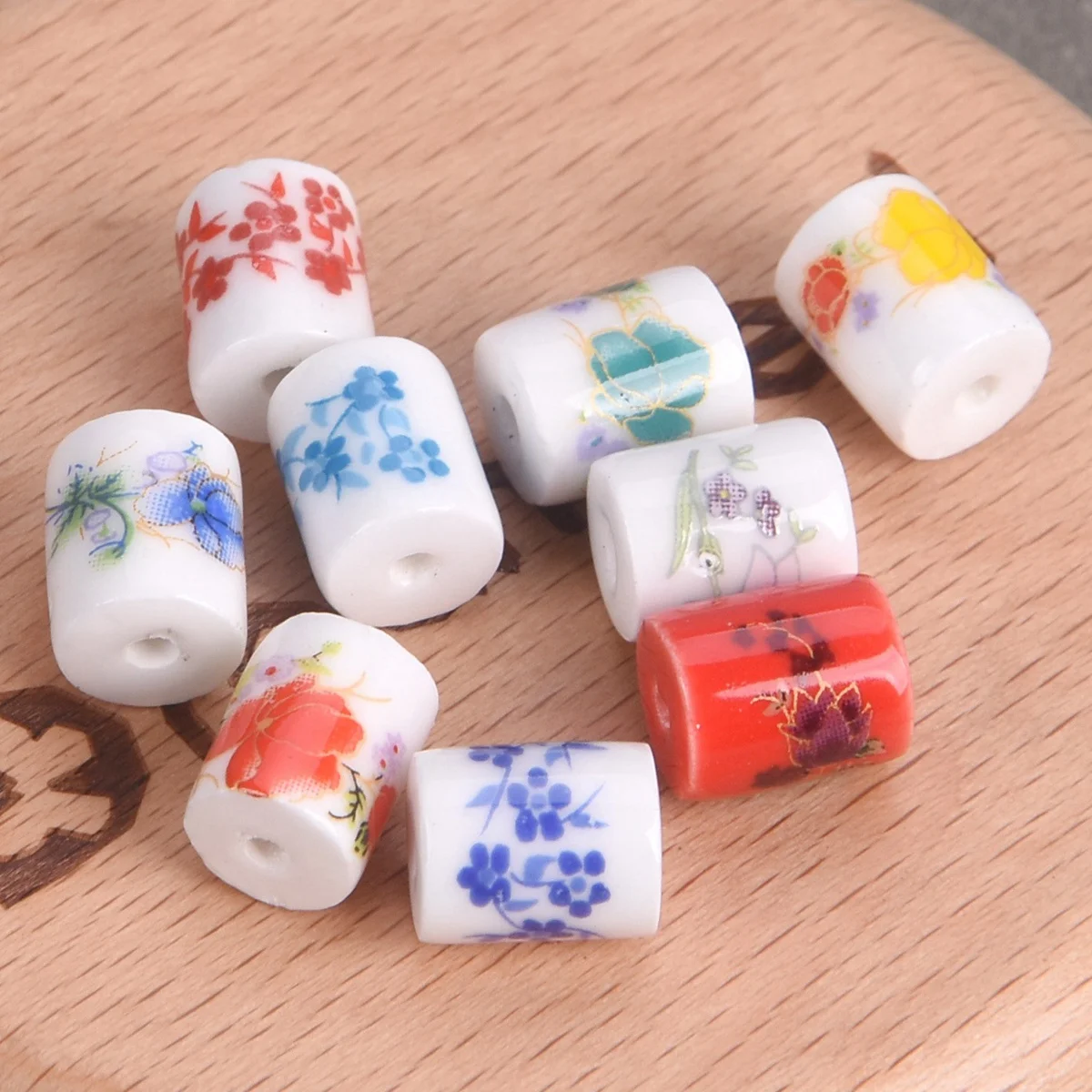 20 шт. форма цилиндра 10x8 мм цветочная живопись свободные керамические фарфоровые